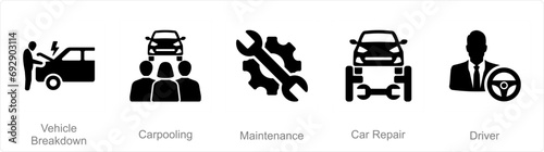 A set of 5 Car icons as vehicle breakdown  carpooling  maintenance