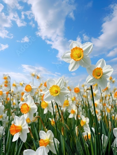 Daffodils in a field with blue sky and clouds. Generative AI.
