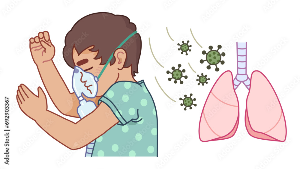 Obraz premium A child with an oxygen mask ventilator on his face. Viruses that attack the lungs. Vector illustration on the subject of the HRV pneumonia and COVID.