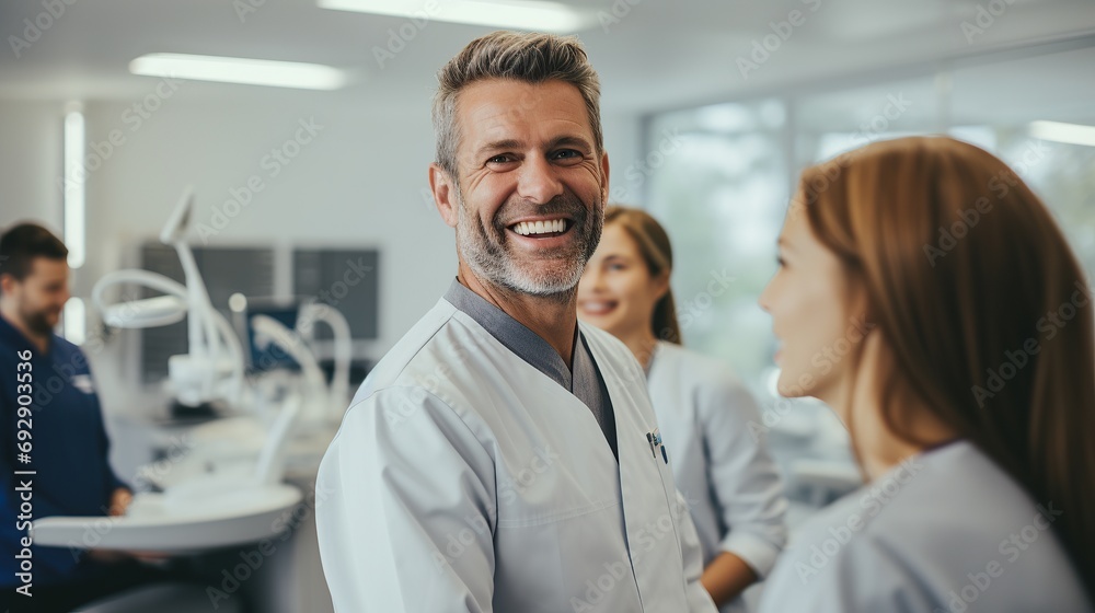 A team of dentists poses in a modern large dental practice. A team of dentists poses in a modern large dental practice.