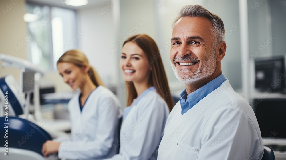 A team of dentists poses in a modern large dental practice.