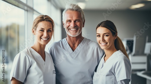 A team of dentists poses in a modern large dental practice. photo