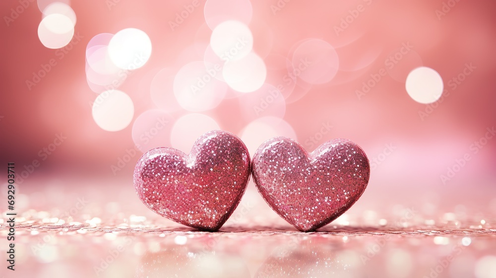 Two adorable hearts, in pink stand out beautifully against a blurry bokeh background of pink hues. This image exudes love and warmth Two adorable hearts, in pink stand out beautifully against a blurry bokeh background of pink hues. This image exudes love and warmth