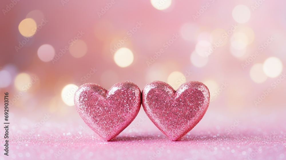 Two adorable hearts, in pink stand out beautifully against a blurry bokeh background of pink hues. This image exudes love and warmth Two adorable hearts, in pink stand out beautifully against a blurry bokeh background of pink hues. This image exudes love and warmth