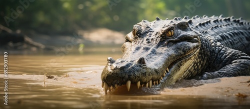 Adult Orinoco Crocodile, known as crocodylus intermedius, coming out of the Los Lianos River in Venezuela. photo