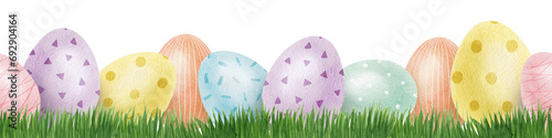 Cute colorful Easter eggs in grass. Seamless border of with Easter Eggs with Pastel Colors. Isolated watercolor illustration. Template for Easter cards, covers, posters and invitations.