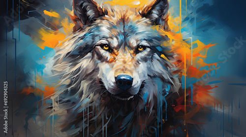 Naklejka Vibrant wolf, expressive painting, wild and colorful. Energetic, nature-inspired art for decor, prints and creative expressions. On a dynamic canvas with a touch of untamed beauty.