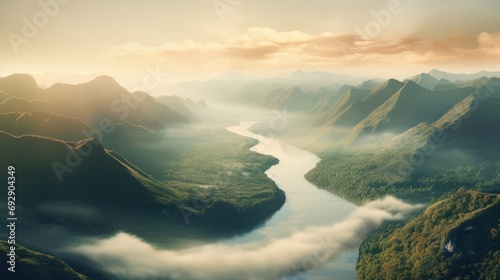 River among the hills in fog.