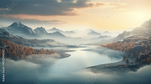 River among the hills in fog. photo