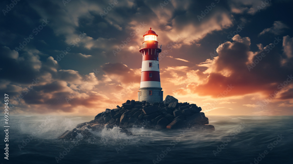 Lighthouse lit up on rock
