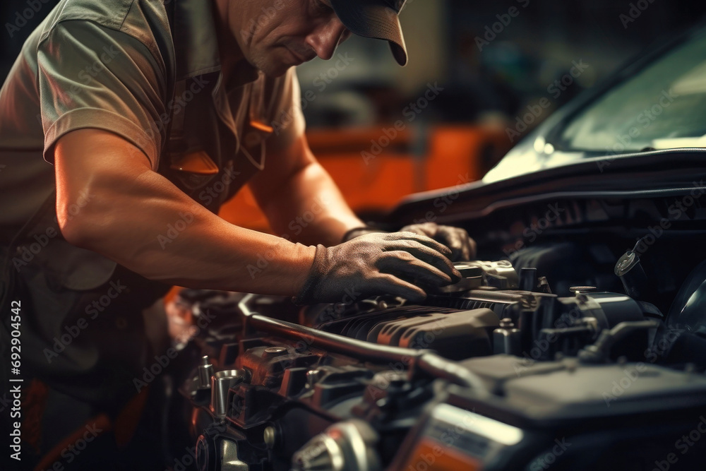 A mechanic in a workshop diagnoses and repairs the engine and car systems. Car repair and diagnostics in the garage. Modern car service. Brutal worker mechanic. A mechanic in a workshop diagnoses and repairs the engine and car systems. Car repair and diagnostics in the garage. Modern car service. Brutal worker mechanic.