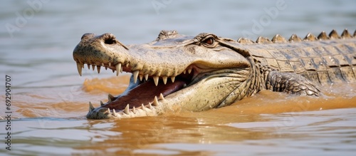 Large Nile crocodile, Crocodylus niloticus, seen entering water from beach in Kariba Lake, Zimbabwe, viewed from water surface.
