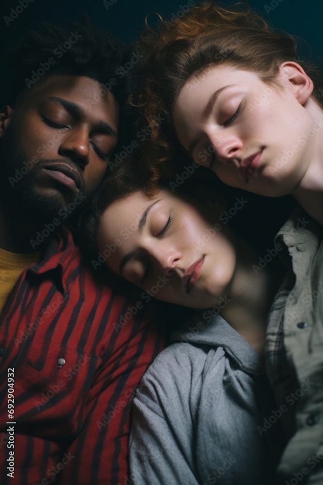 Three young adults in a serene pose, heads resting together, eyes closed, conveying a sense of peace and unity.