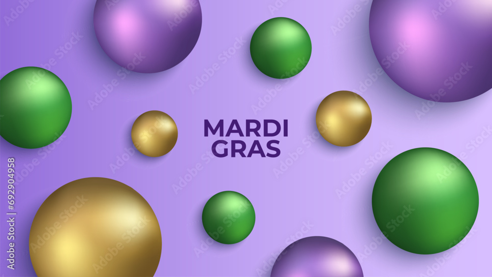 Mardi Gras beads. Festive background for Fat Tuesday holiday. Purple, yellow and green beads. Vector illustration.