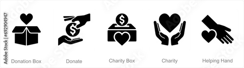 A set of 5 Charity and donation icons as donation box, donate, charity box photo