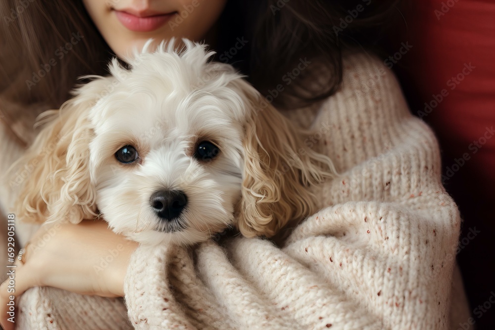 a woman in neutral color cosy sweater sitting in the armchair with maltipoo dog cuddling in her lap, cosy vibes, close up macro detail a woman in neutral color cosy sweater sitting in the armchair with maltipoo dog cuddling in her lap, cosy vibes, close up macro detail