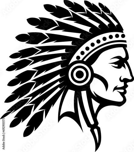 Chief indian head silhouette in black color. Vector template design art.