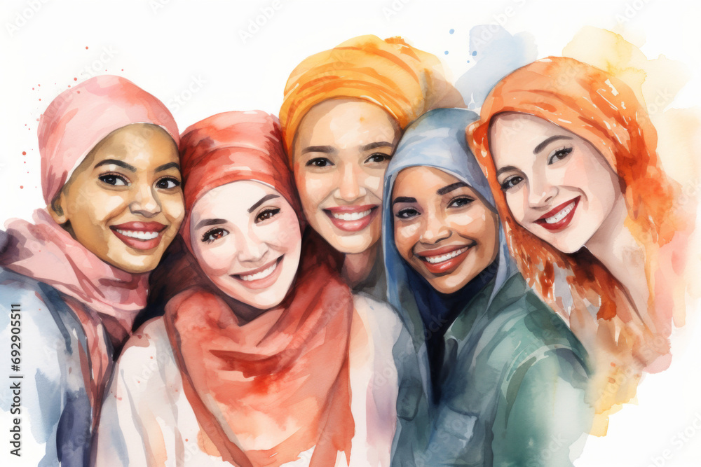 Group, muslim women and watercolour portrait illustration on a white background for human rights protest, awareness and activist. Happy, beautiful and colourful sketch for creative poster design
