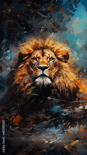 Powerful lion  regal and majestic  embellished with vibrant painting strokes and graffiti. Golden-maned  wild and untamed. A symbol of strength and pride  perfect for decor  prints and creative expre