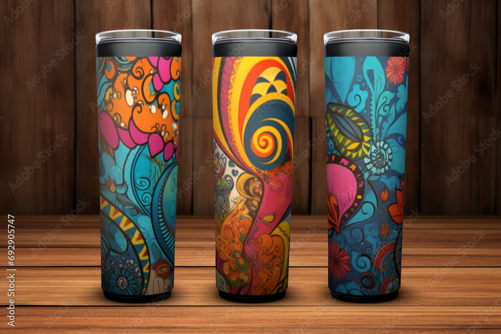 Set of Vibrantly Patterned Insulated Tumblers on Wooden Surface Set of Vibrantly Patterned Insulated Tumblers on Wooden Surface