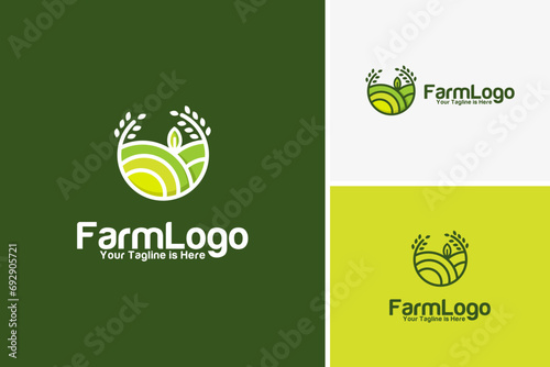 Vector landscape rice field soil farm plant for agriculture logo design template