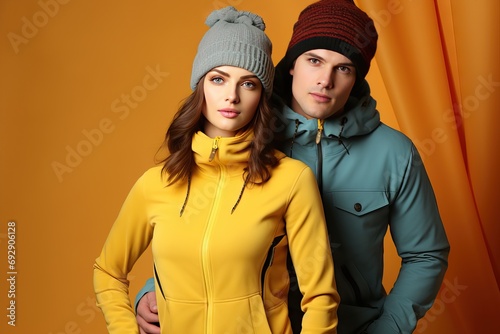 background yellow clothes sport winter stylish wearing Couple beautiful family model protection modern outfit comfortable enjoyment suit clothing warm lifestyle fashion season healthy style fleece