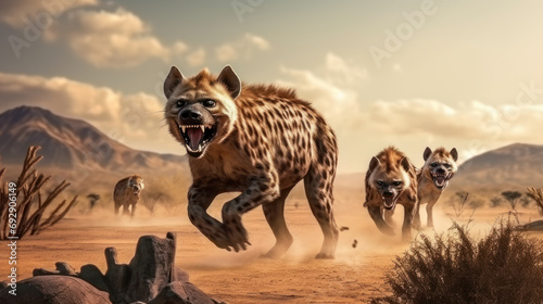 a group of angry hyenas at the dessert