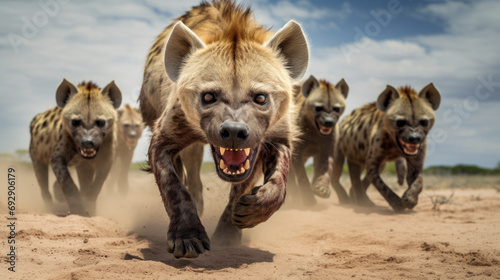 a group of angry hyenas at the dessert