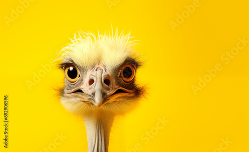 Creative animal concept, macro shot of yellow ostrich over yellow pastel bright background.