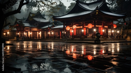 Rainy Evening  Lanterns Glow at a Traditional Temple