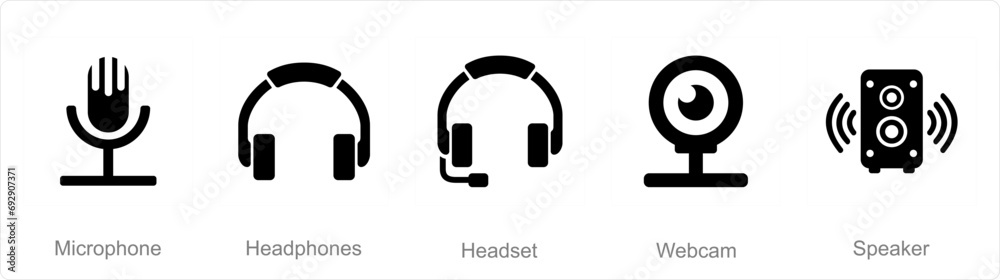 A set of 5 Computer Parts icons as microphone, heaphones, headset