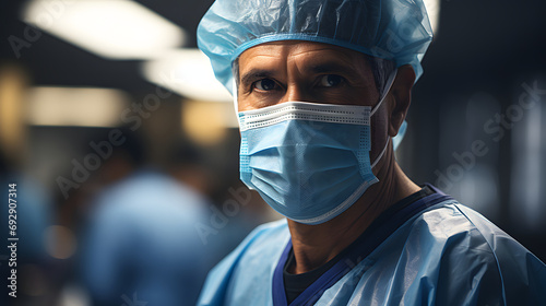  portrait of male surgeon with mask in the well-lit operating room