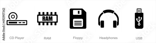 A set of 5 Computer Parts icons as cd player, ram, floppy