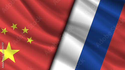 Vector wavy national flags of the Russian Federation and the Peoples Republic of China. Friendly relations between countries. Political economic banner.