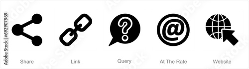 A set of 5 Contact icons as share, link, query, at the rate