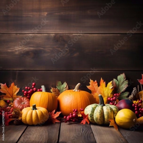  Thanksgiving or autumn scene with pumpkins  autumn leaves and berries on wooden table. Autumn background with copy space. Banner