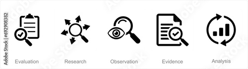 A set of 5 Critical Thinking icons as evaluation, research, observation