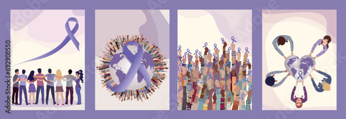 World cancer day. Cancer survivor. Template with people hugging and raised hands holding a purple ribbon. People in a circle around the heart-shaped earth.Awareness - prevention - treatment