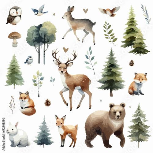 Set of Wild watercolor forest animals. Sticker with woodland wild animals, green trees, berries and plants. Bear, fox, bear, deer, squirrel, owl, hare, hedgehog.