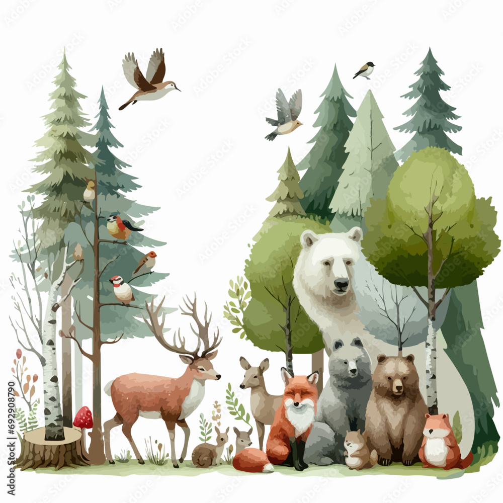 Set of Wild watercolor forest animals. Sticker with woodland wild animals, green trees, berries and plants. Bear, fox, bear, deer, squirrel, owl, hare, hedgehog.