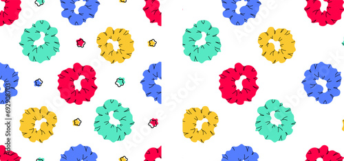 Scrunchies, hair elastic seamless pattern. Hair accessory for girls. Fashion 90s-00s. Vector