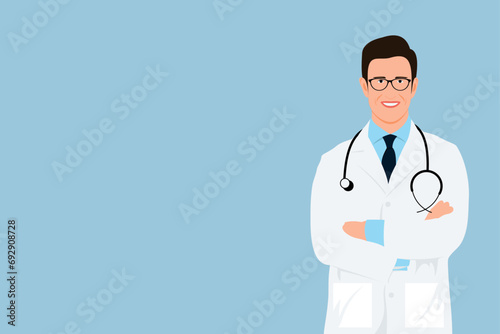 vector illustration of male doctor over isolated blue wall smiling a lot