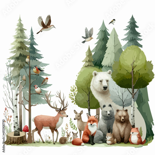 Set of Wild watercolor forest animals. Sticker with woodland wild animals, green trees, berries and plants. Bear, fox, bear, deer, squirrel, owl, hare, hedgehog. photo