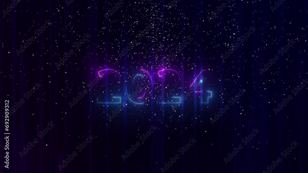 Happy new year 2024 neon light animation. background with colorful lines, glowing trails looped Abstract Pink blue and purple vertical neon lines with glowing trails. Appear, slide up and fade way
