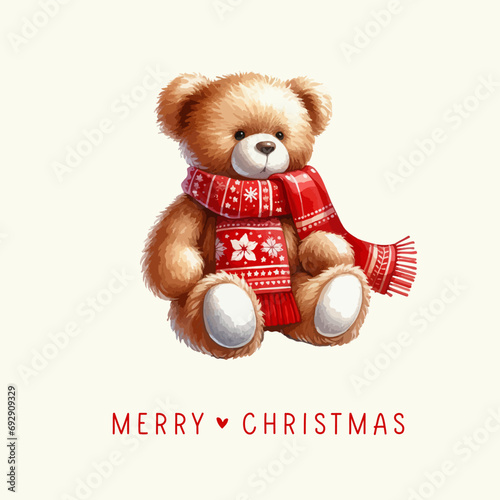Plush toy teddy bear sits with a christmas red scarf and sweater. Watercolor illustration.
