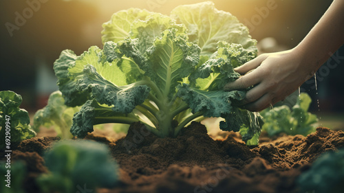 hand of farm worker is planting broccoli, organic product from farmer