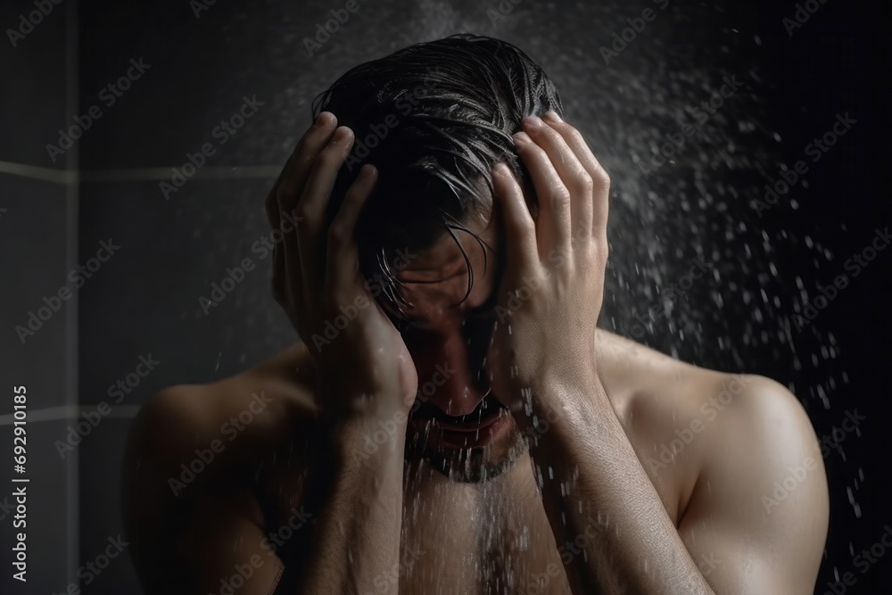 Bathroom shot muscular guy taking shower. Muscular male portrait washing hygiene scene. Generate ai Bathroom shot muscular guy taking shower. Muscular male portrait washing hygiene scene. Generate ai