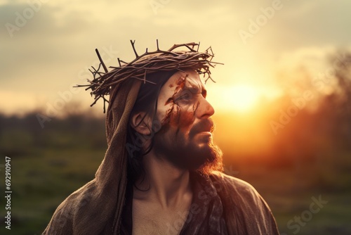 Bloody Jesus face with thorns crown. Sacred spiritual religious devotion reverence. Generate ai