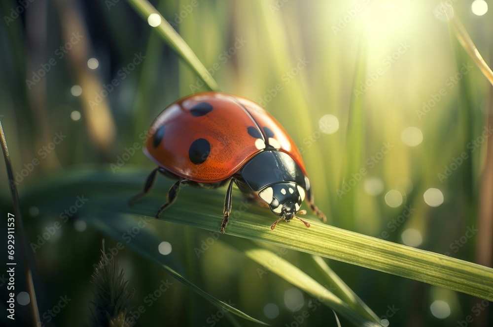 Obraz premium Ladybug on blade grass. Natural green view of ladybird insect on leaf vegetation. Generate ai