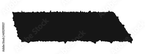 Piece of paper with rough edges. Old papyrus or treasure map shape. Torn cardboard tag, label, sticker. Black rectangle text box template isolated on white background. Vector graphic illustration